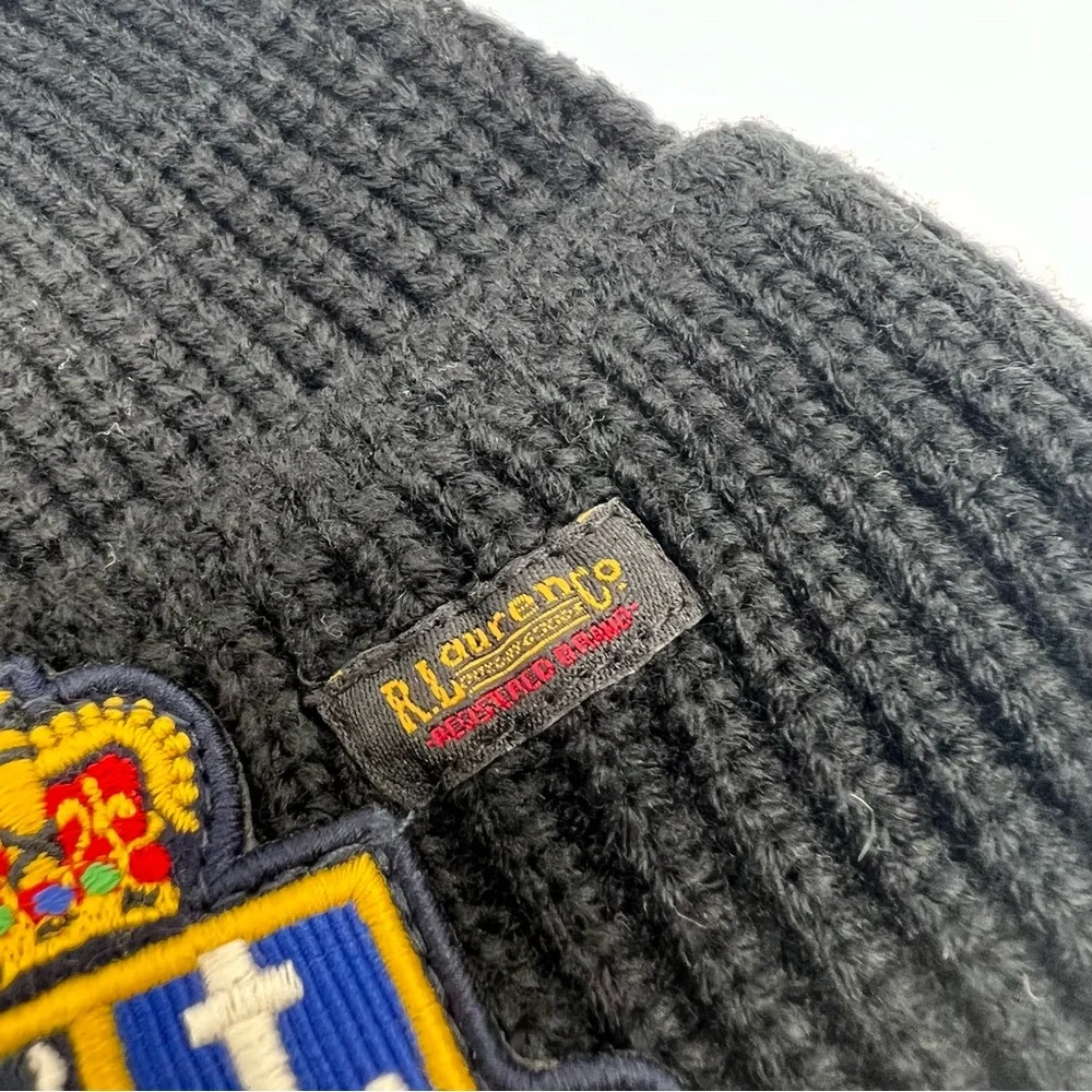 Polo Ralph Lauren BLACK Patched Courage Loyalty Knit Beanie Hat - Picture 12 of 14